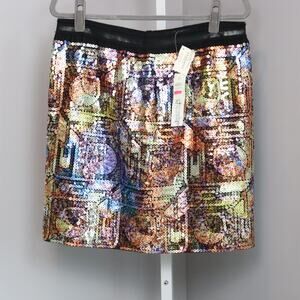 NWT Lida Baday Multicolor Sequin Skirt Graphic Print Made in Canada Size‎ 12